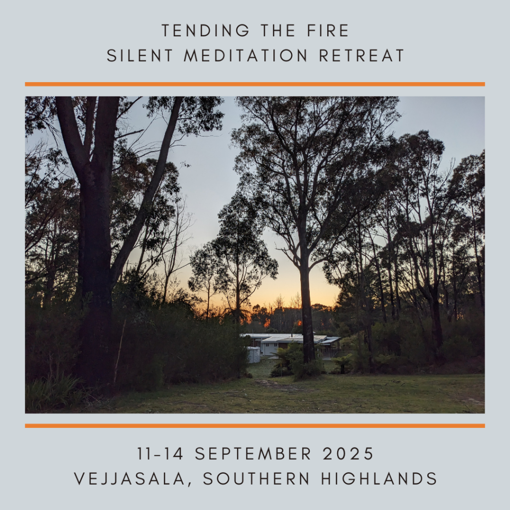 An image of a retreat centre at sunset, with large gum trees and an orange sky.